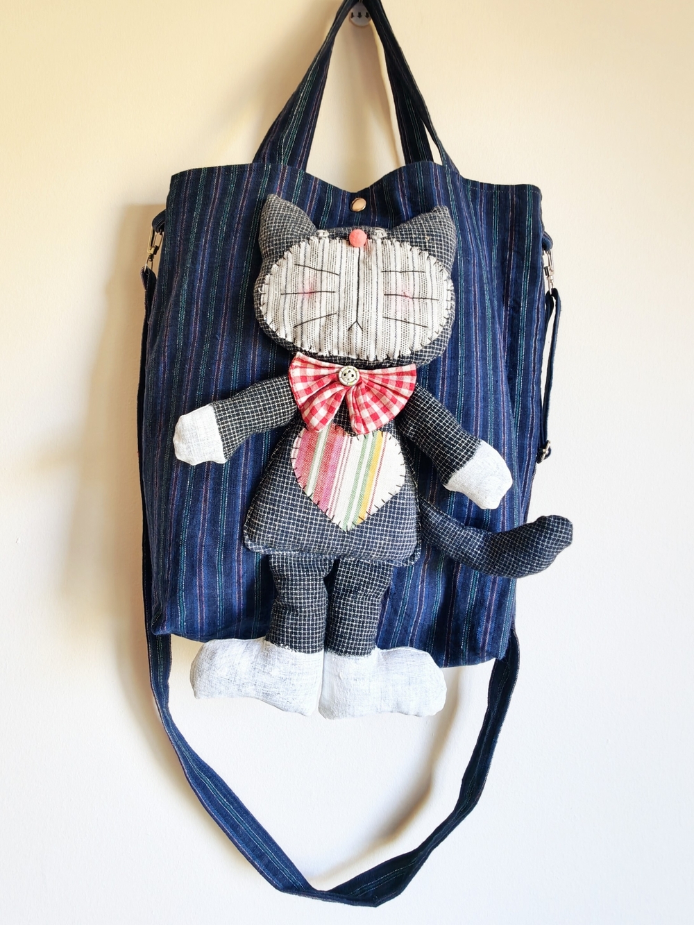 Handmade Vintage Homespun Patchwork Cat Tote Bag